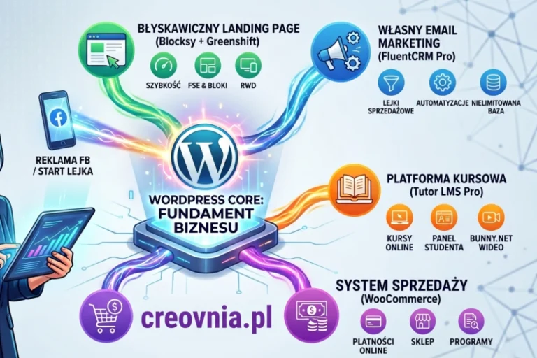 Schemat niezależnej platformy kursowej na WordPress i lejka sprzedażowego